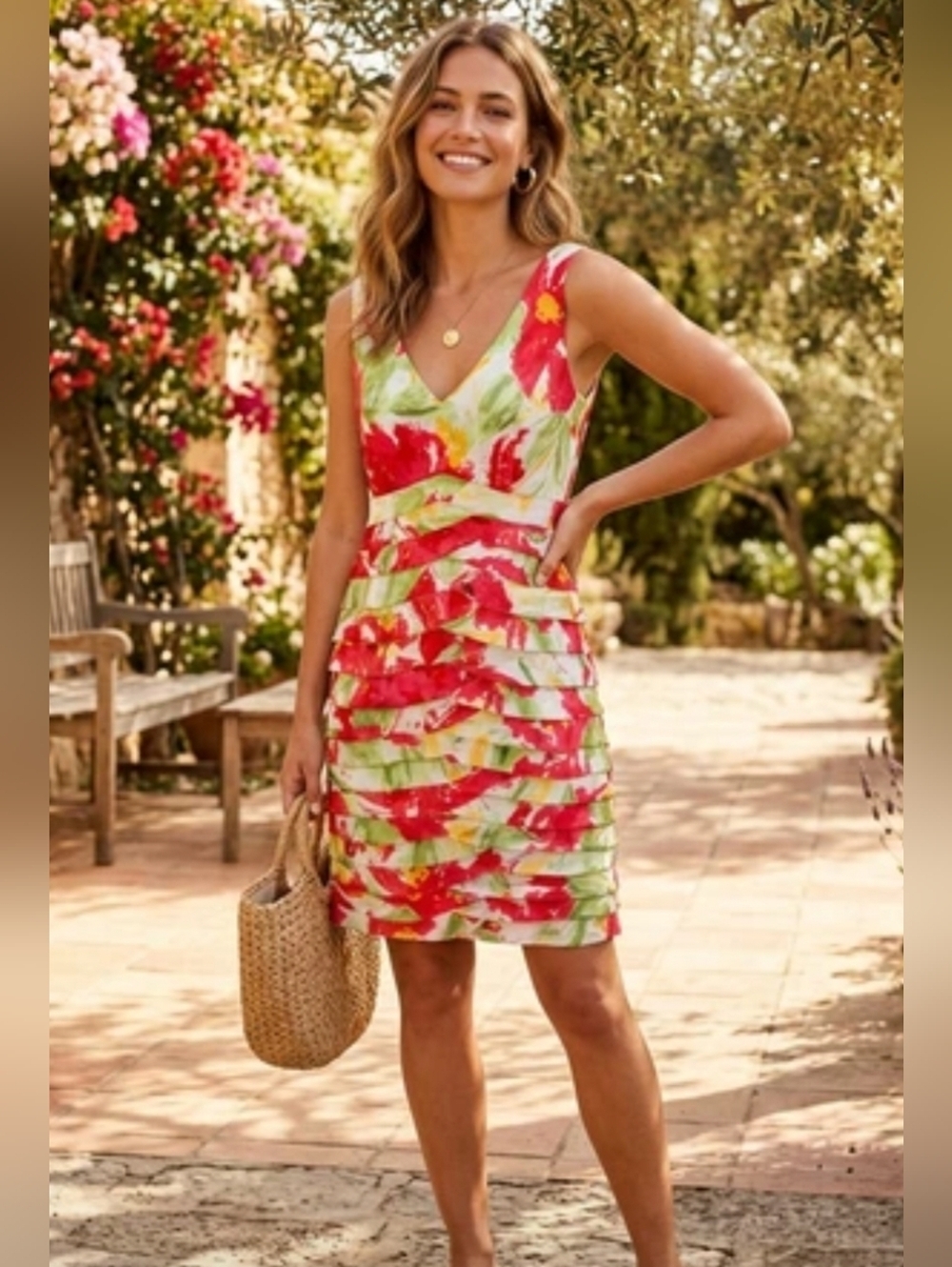 JS Collections Floral Shutter Pleated Sleeveless Sheath Dress Size 8